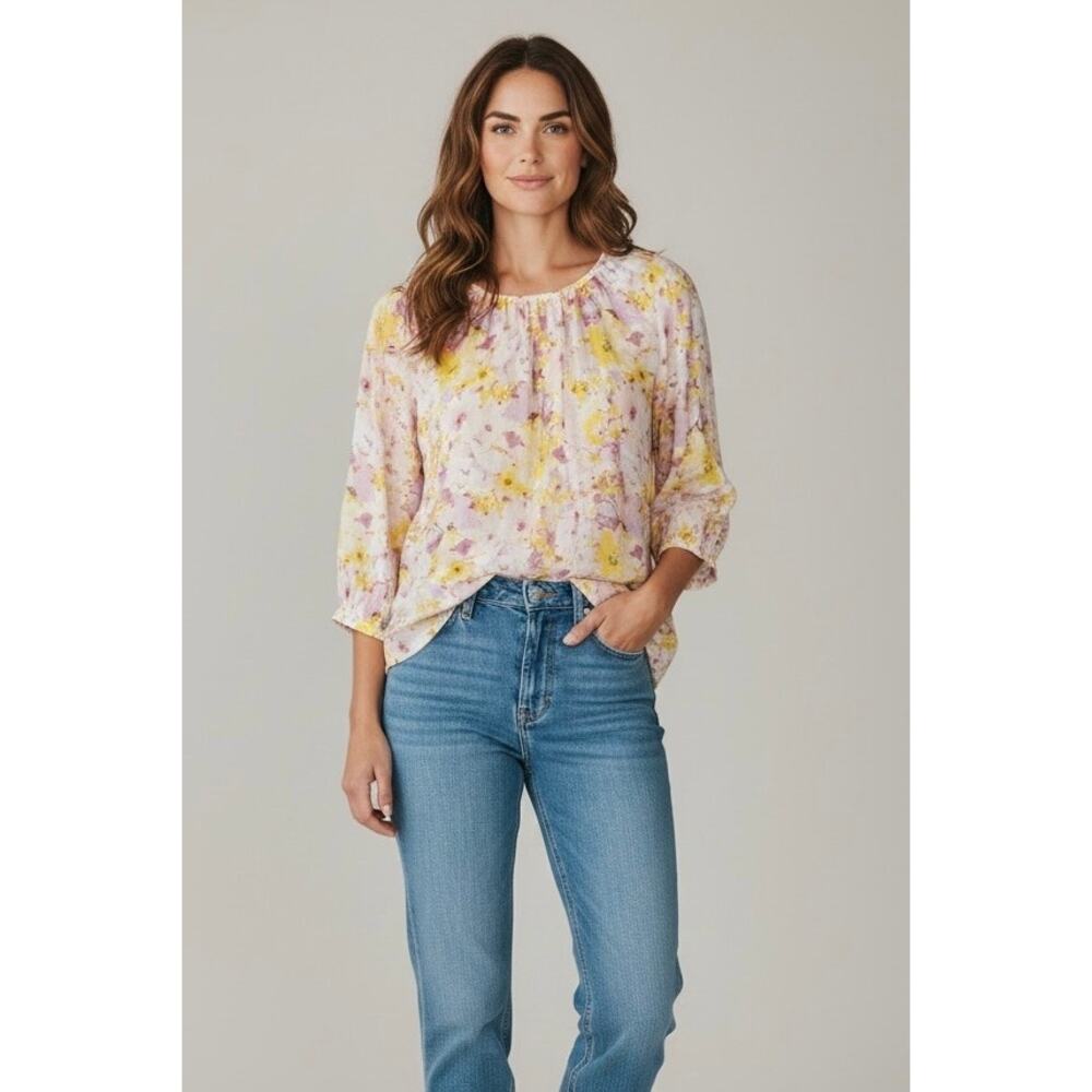Lauren Conrad Sz S floral print top yellow purple tie closure back collar | EUC
